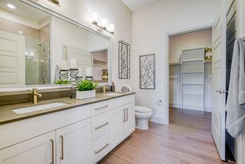 Frameless glass walk-in showers and framed mirrors